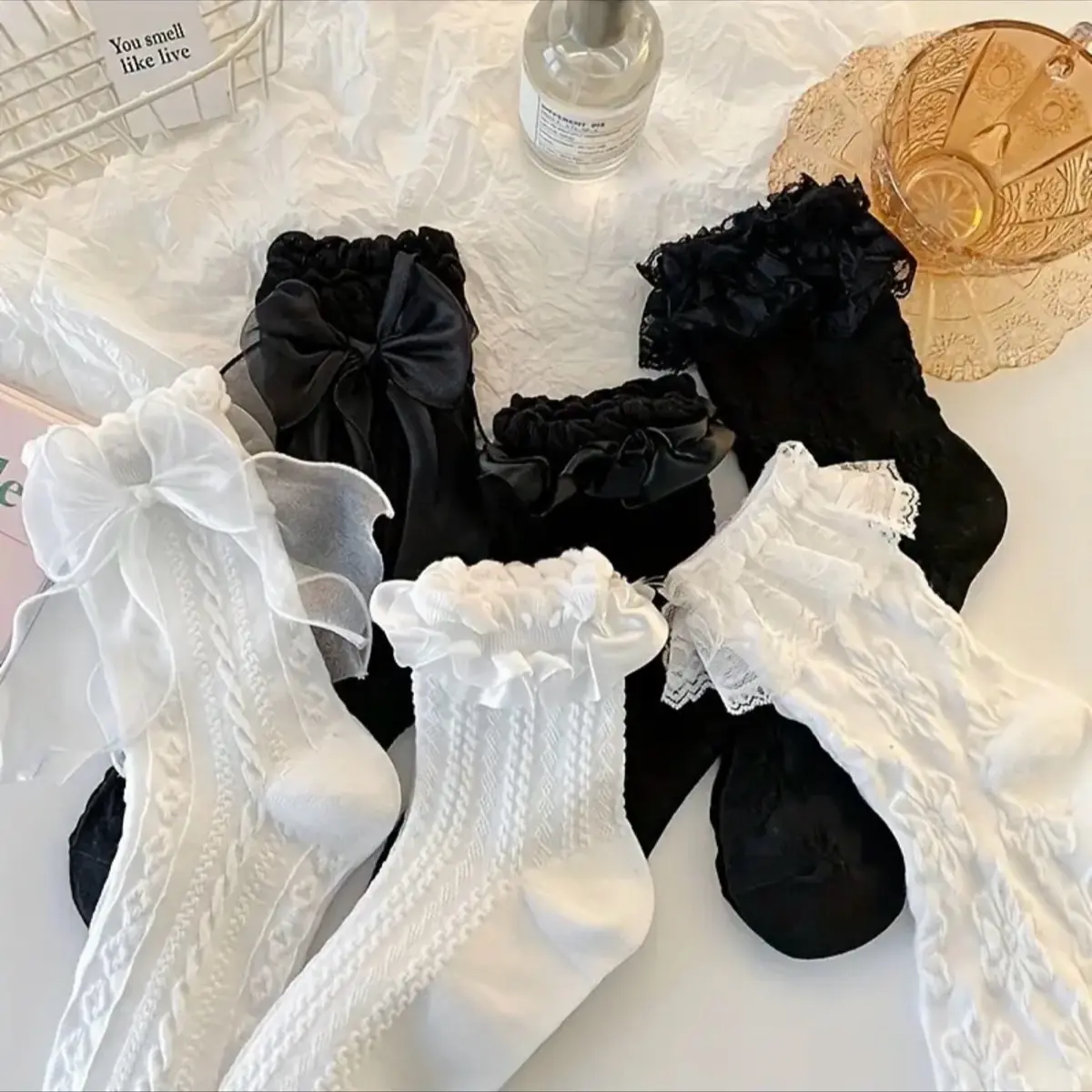 6 Pairs Bow Ruffle Trim Socks Outfit Womenswear