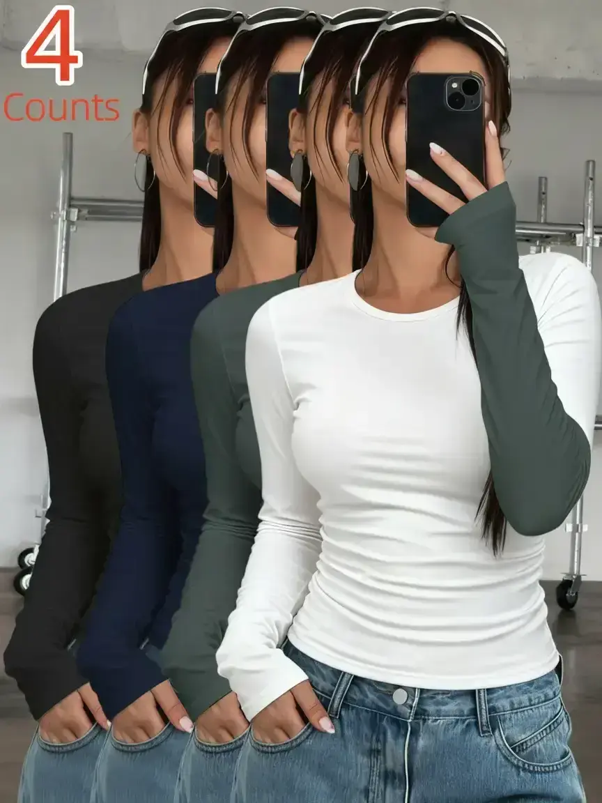4-Pack Women's Thermal Underwear Tops, Fitted Casual Solid Color Classic Crew Neck Long-Sleeve Base Layers for Autumn & Winter - Ideal as Running, Hiking Activewear, Comfortable Base Layer Tees Suitable for Outdoor Activities