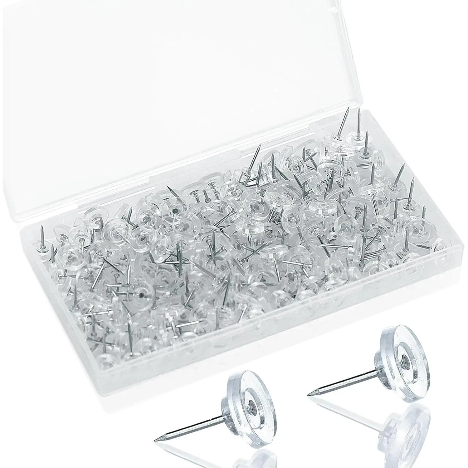 200 Pack Clear Push Pins - Thumb Tacks for Bulletin Boards, Cork Boards, Wall Displays - Flat , Heavy Duty Plastic,  Storage Box Included