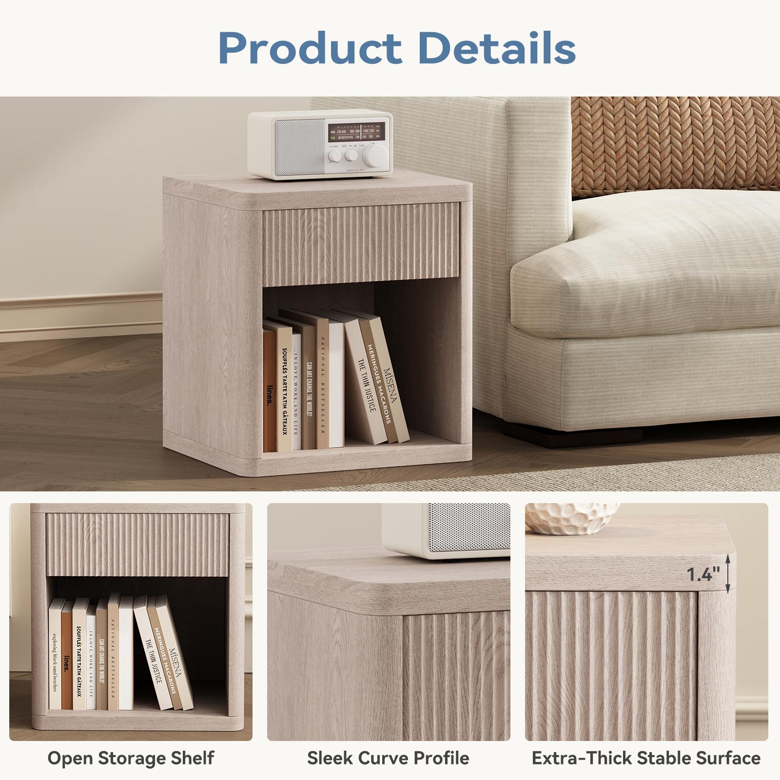 Mid-Century Modern Fluted Nightstand - 1-Drawer, 37mm Thick Body, 15 lbs Capacity, Durable Strong Construction, Open Shelf, Spacious Top, Particle Board Panel, Compact Indoor Bedroom Bedside Table Drawers for Small Spaces