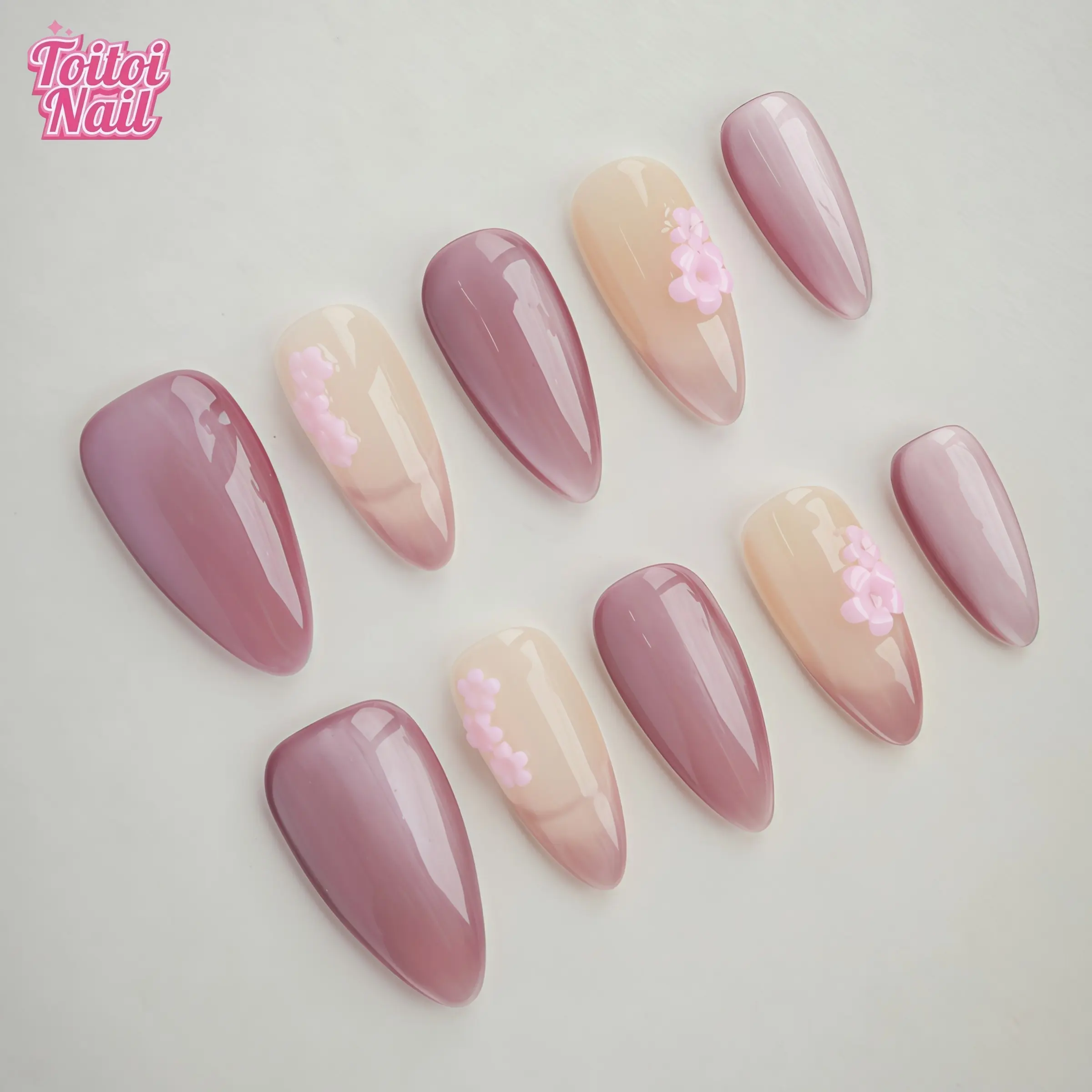 Sakura Cat Handmade Press-On Nails, Nail Art Supplies, Handmade Press ons, Medium Almond Shape, 10pcs, Sakura Cat Eye Design, Mauve Pink Cat Eye Gradient & 3D Sakura & High Gloss Accents, Reusable DIY Nail Kit, Nails for Spring, Summer