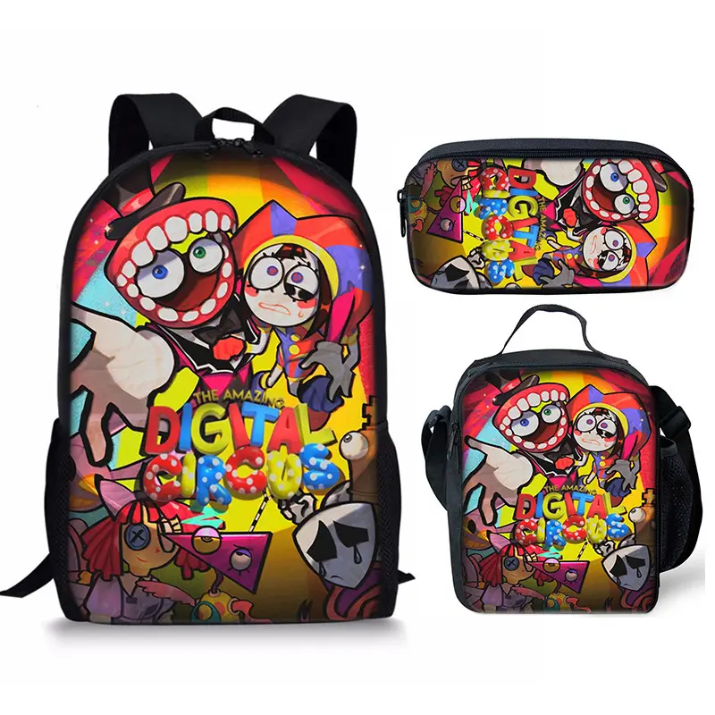 Kids Water Resistant 3-Piece Backpack Set for First Day of School, Circus Print Bag with Top Handle & Insulated Lunch Box for School Lunches, Campus Life, Snacks, Cartoon Style Backpacks, Character-Themed Backpacks