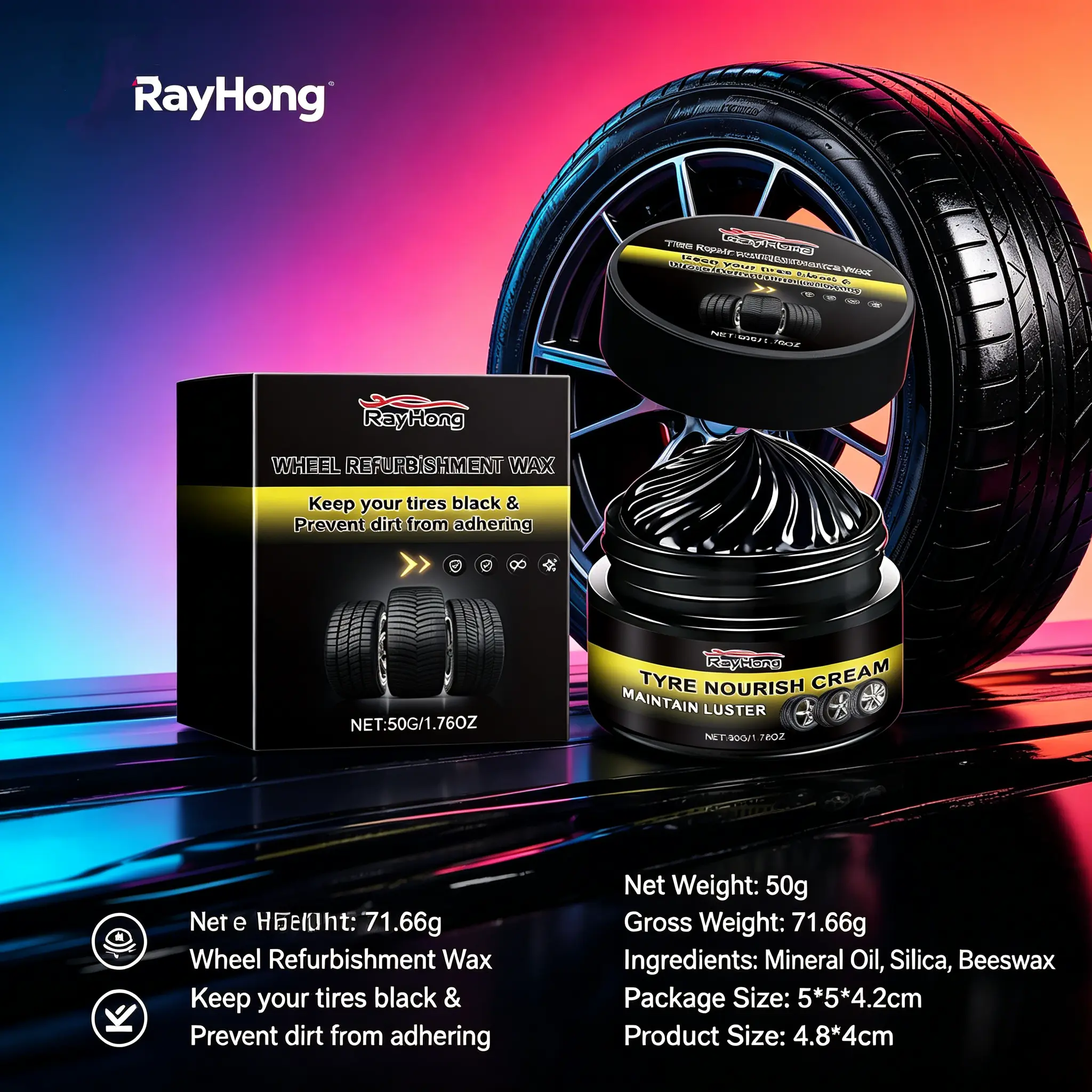 Rayhong Tire Shine Wax – Restore Tire Gloss & Deep Black Finish, Long Lasting Protection Against Dust, Dirt & Aging, Waterproof Tire Coating, Anti-Crack Care, Easy Apply Tire Polish for Car Wheel Restoration & Auto Detailing