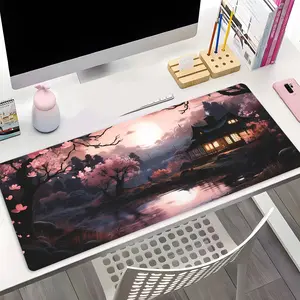 Serene Cherry Blossom House Art Large Gaming Mouse Pad, Washable Aesthetic Office Desk pad Non-Slip Rubber Base Stitched Edge Desk Accessories Best For Desk Laptop For Home Office Game Gift For Friends Family Boyfriend/Girlfriend Gaming Enthusiasts