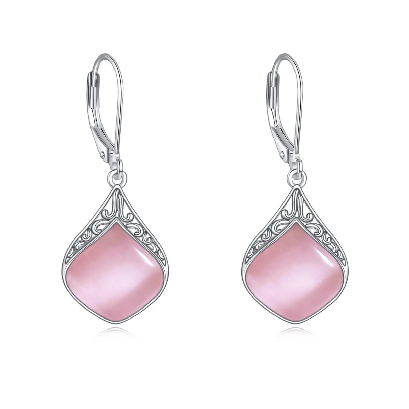 Women's Sterling Silver Filigree Work Teardrop Shape Pink Opal Drop Earrings, Irish Celtic Jewelry Gifts for Women