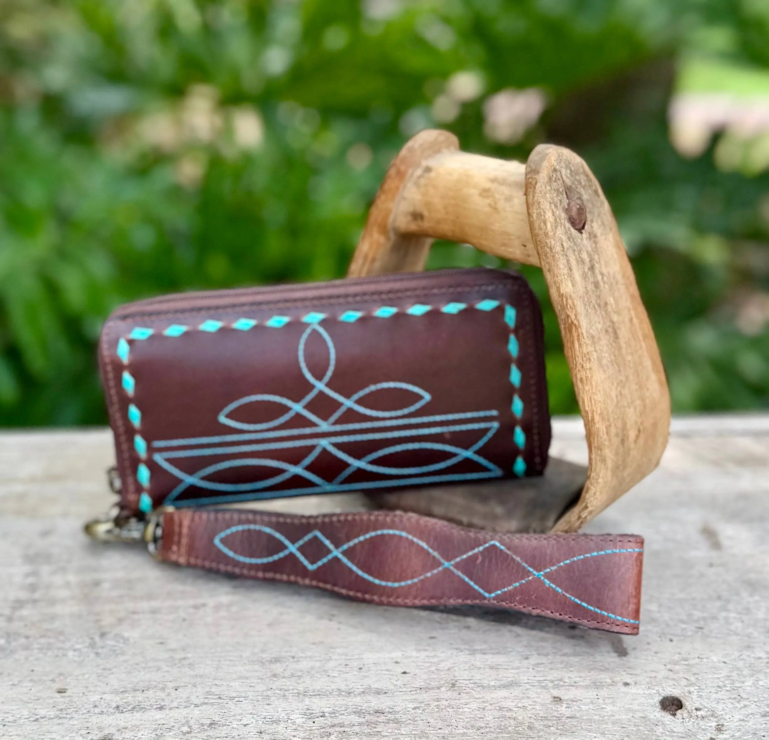 Leather Boot Stitch Zipper Wallet Wristlet