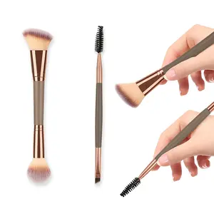 2 Pcs Double Sided Makeup Brushes and Eyebrow Brush Set for Foundation Contour Blush Highlight Dual Face Blending Brush for Eyebrows Eyeshadow Tinting Rose Gold