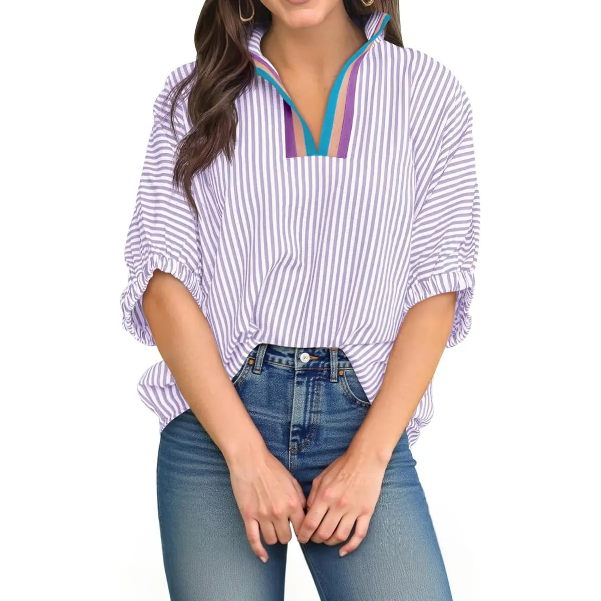 Tankaneo Womens V Neck Striped Blouse Oversized Dolman Sleeve Tops Summer Casual Loose Fit Polo Shirts