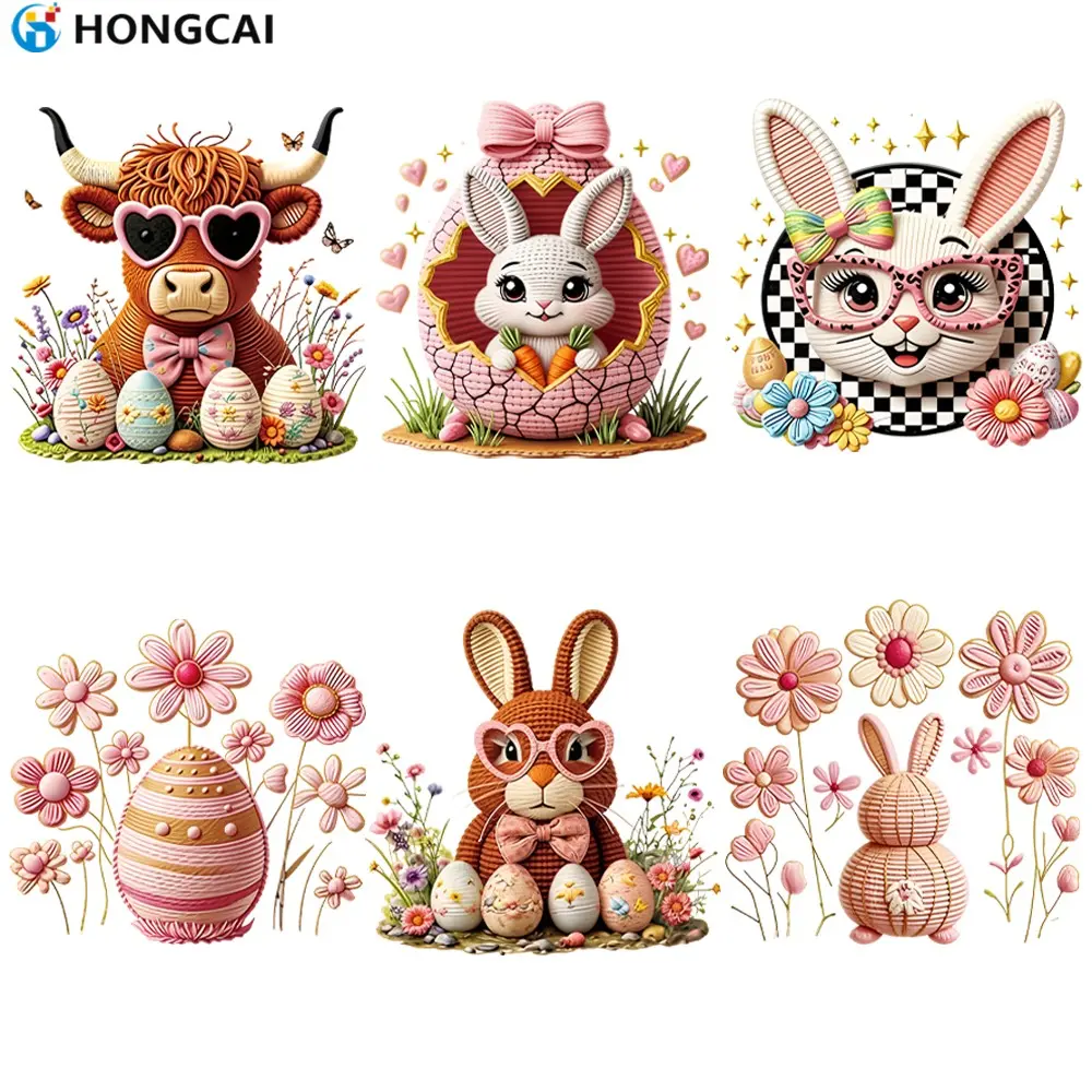 Easter Theme DTF Iron-On Transfer, Cute Knitted Rabbit & Highland Cow Heat Transfer Sticker, Suitable for Clothing, Pillows, Bags DIY Crafts, Handicraft, DIY Material