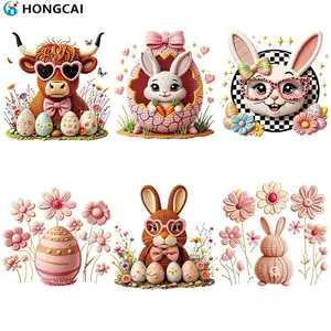 Easter Theme DTF Iron-On Transfer, Cute Knitted Rabbit & Highland Cow Heat Transfer Sticker, Suitable for Clothing, Pillows, Bags DIY Crafts, Handicraft, DIY Material