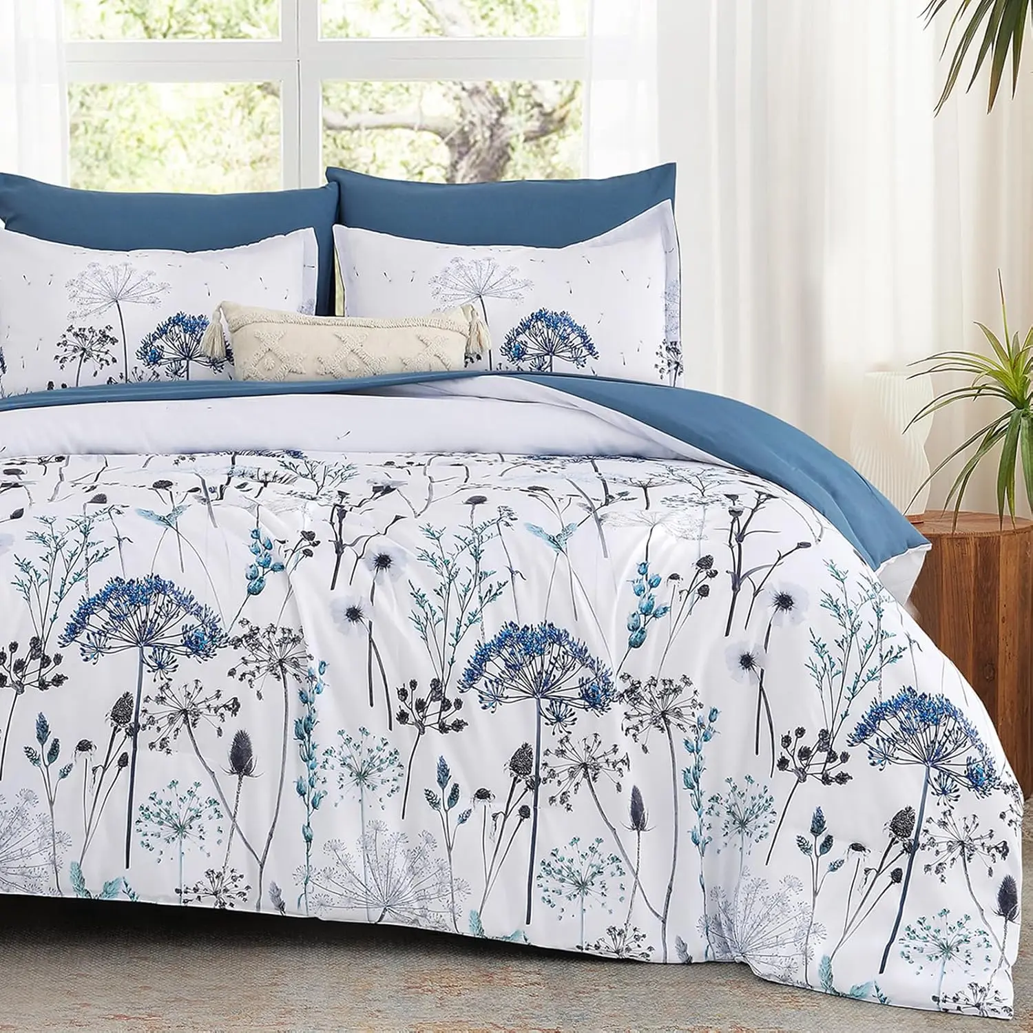 7 count Blue Dandelion Botanical Comforter Set  Size, Floral  Comforter Bedding Set, Bed in a Bag , Soft Microfiber Complete Bedding Set with Sheets for  Season