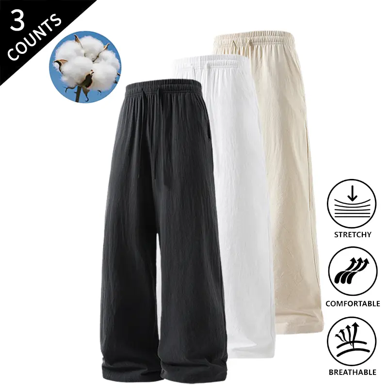 Summer Vibes 3-Pack Men’s Wide-Leg Lounge Pants, Elastic Waist, Breathable Pants for Home and Casual Outings