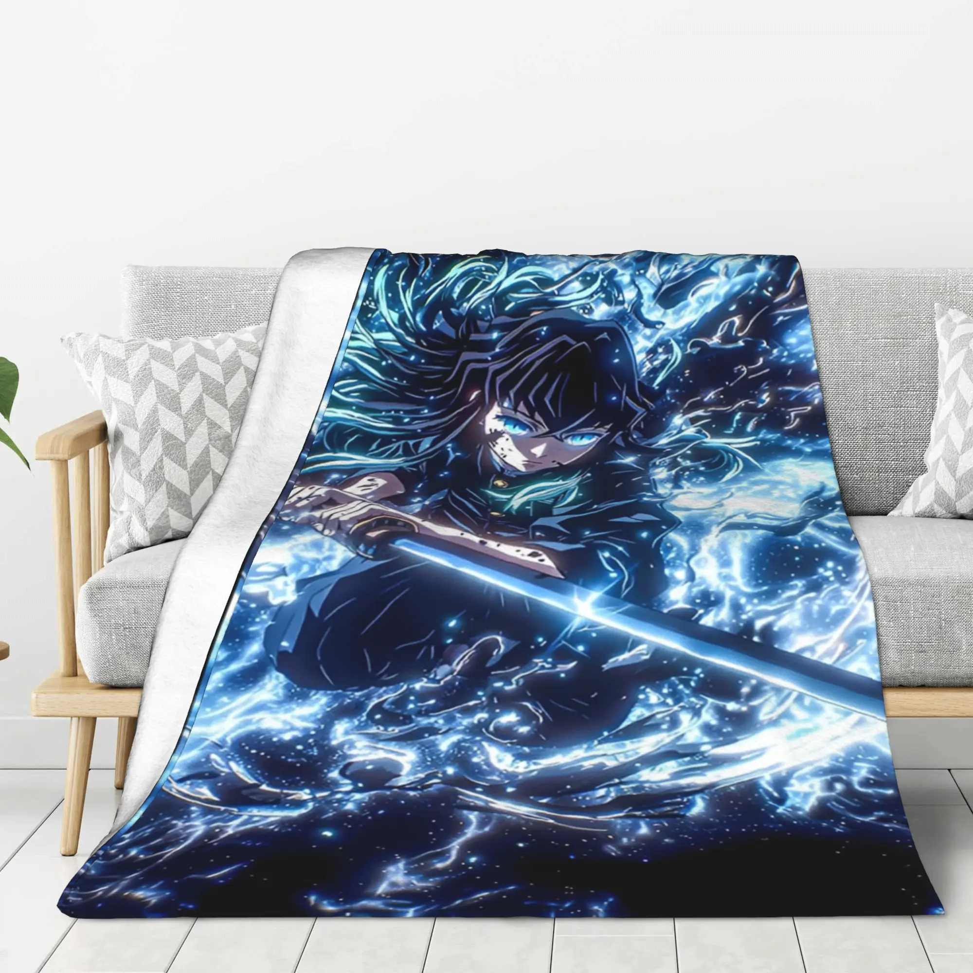Demon Slayer Muichiro Tokito Flannel Blanket Anime Art with Blue Ultra Soft Cozy Throw for Bedroom Living Room Ideal Gift for Fans