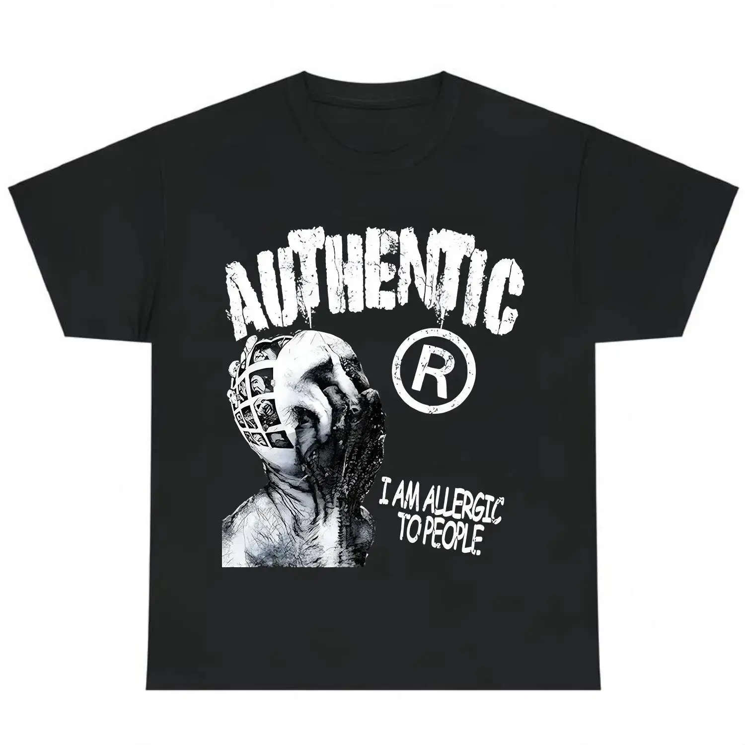 Unisex Short-Sleeve Round Neck Sports Top - "I Am Allergic To People" Funny Sarcastic Introvert Quote Graphic, Solid Black White Print, Soft Casual Streetwear For Men Women, Shortsleeve, Tops