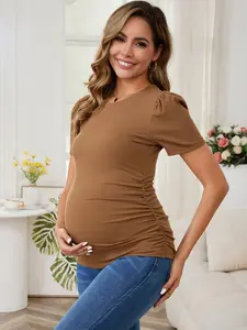 INSPIRE CHIC Women's Maternity Ribbed Knit Top Crewneck Ruched Side Stretchy Short Sleeve Blouse T-Shirt