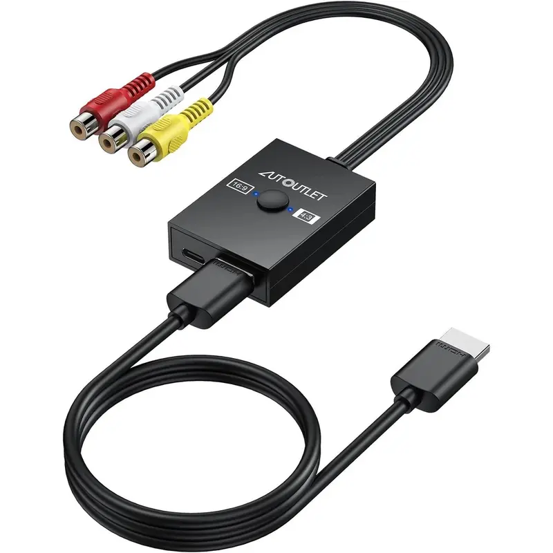AUTOUTLET RCA to HDMI Converter (AVOUTLET RCA to HDMI Converter) - Plug-and-Play AV Adapter with 4:3/16:9 Switch, 1080P/720P Support, 1.5ft Cable, 5V Power Source, Enhanced Retro Gaming Experience for Wii, PS2, N64, DVD, HDTV