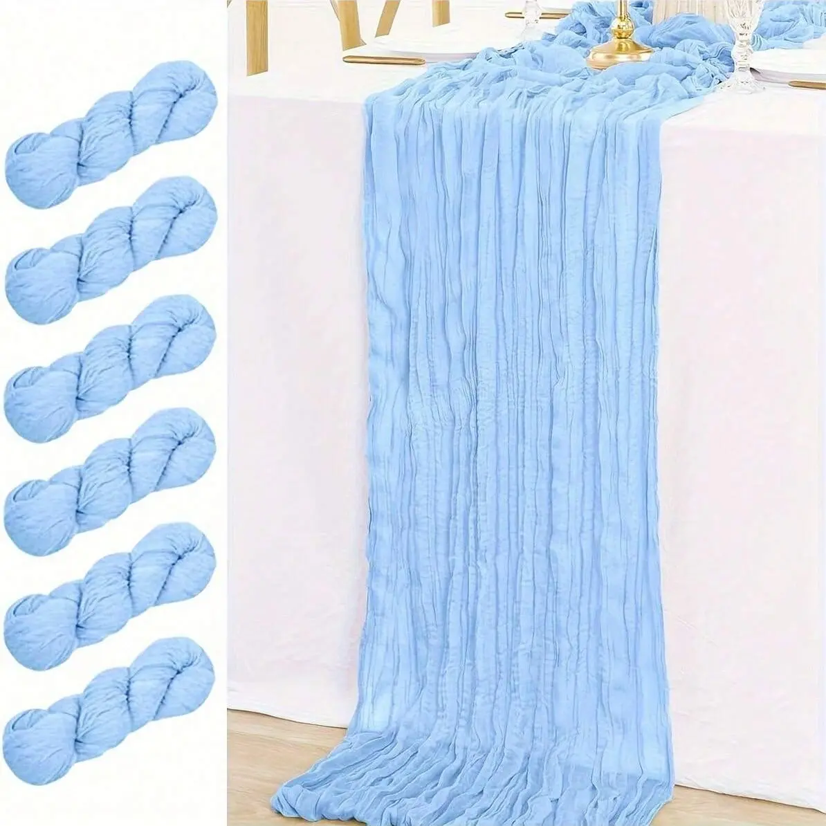 3Pcs Set of Three Blue Table Runner, Light Blue Boho Charm Bohemian Style Rustic Gauze,  Cheese Cloth Runner For Party, Baby Shower Birthday, Home Decor, Holiday Decorations, party supplies, Versatile Usage