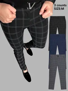Three-Piece Fashion Plaid Men's Pants, Casual Office Business Long Pants, Classic Twin-Line Plaid Formal Pants, Versatile Evening Wear