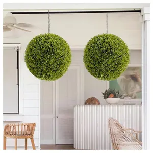 2 Pack 15in Artificial Boxwood Topiary Balls - Realistic Faux Greenery for Porch Patio  Balcony Decor - Outdoor/Indoor Hanging Plants Wedding and Home Decoration Decorative Fruit Farmhouse Gift