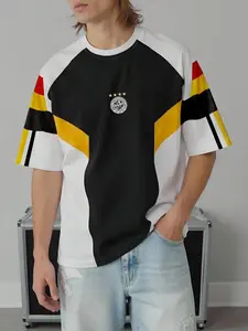 Y2K Street Color Block T-shirt | Black, White, Yellow, and Red Contrast Design, Retro Sports Color Block T-shirt with New York City Logo, Men's Casual Loose Version, Trendy Hip Hop Soccer Team Uniform Aesthetics, Daily Street Dressing