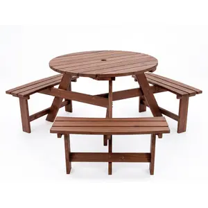6-Person Wooden Picnic Table with 3 Built-in Benches, Circular Outdoor Dining Set with Umbrella Hole, for Garden, Patio, Backyard