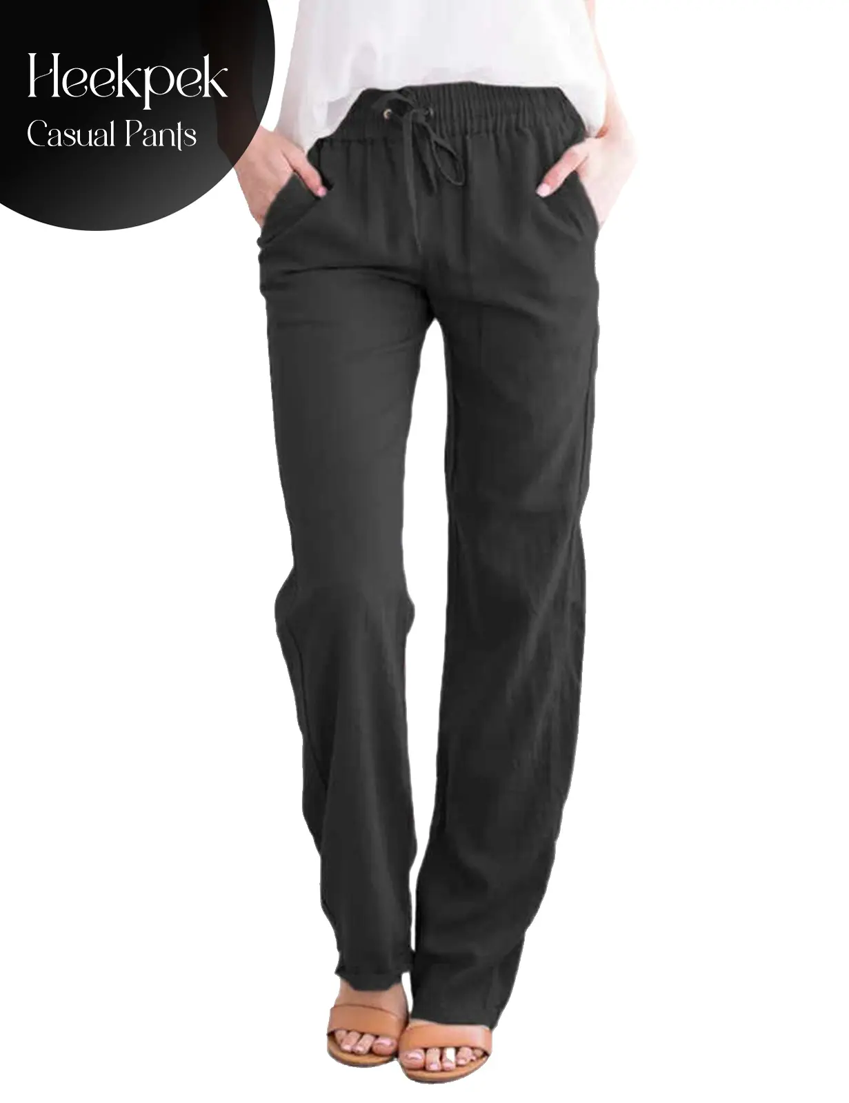 HEEKPEK Women's High-Waist Linen-Cotton Pants - Adjustable Drawstring Loose-Fit Bottoms with Side Pockets, Summer SwimWeek Casual Trousers