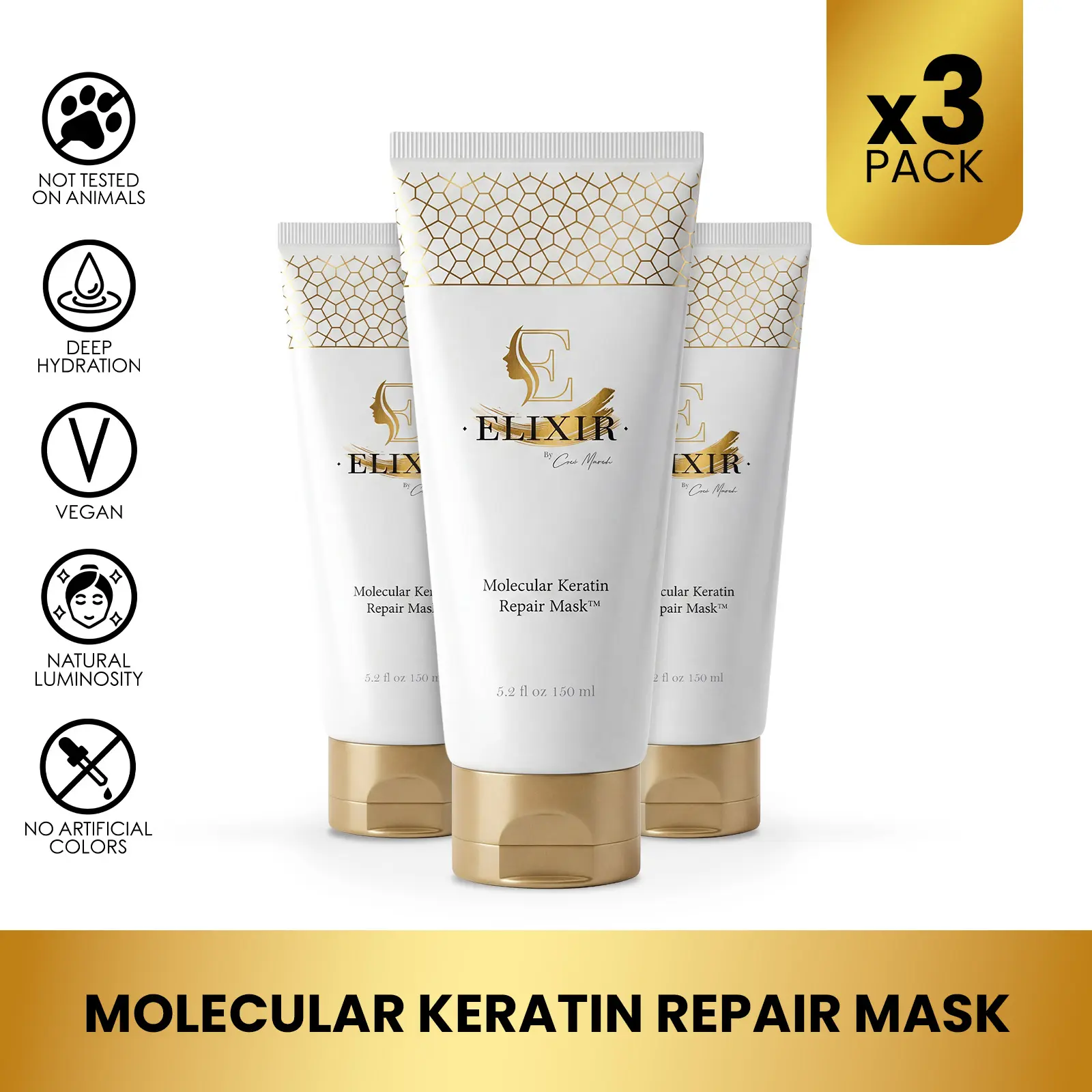 3 Bottles of Elixir by Cocó March Keratin Repair Hair Mask, Plant-Based Hair Treatment for Damaged Hair Repair, 5.2 fl oz Conditioner Haircare