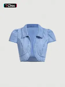 Elegant Women's Summer Denim Jacket, Arc Hem Turn-Down Collar, Fashionable Style, Perfect for Casual Wear, 37139#