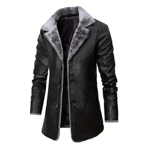 Men's Casual Warm PU Leather Jacket, Chic Fleece Lined Blazer Biker Jacket For Fall Winter Business