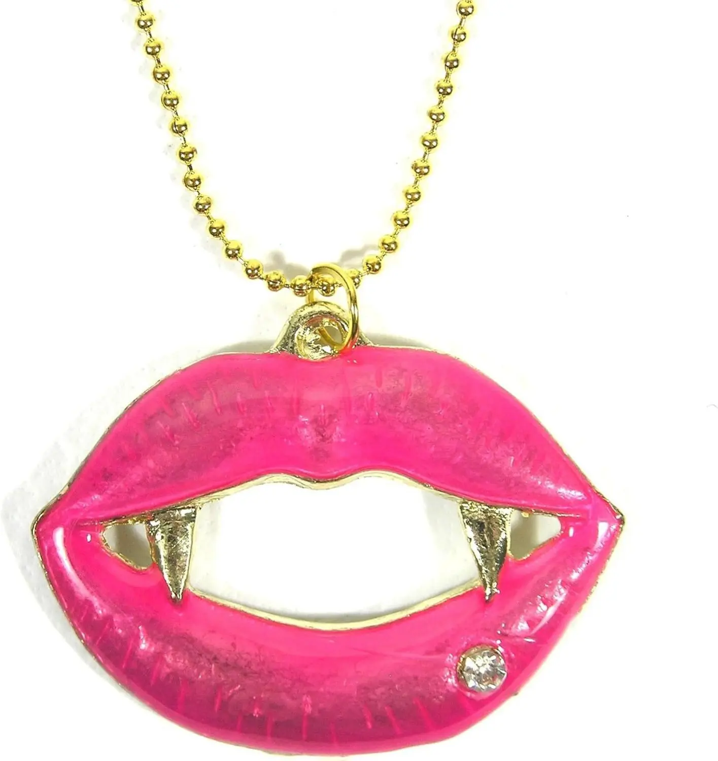 Pink Lipstick Vampire Fang Pin Up Lips Statement Necklace Crystal Charm Pendant 31 Inch Adjustable Chain for Adults Glamorous Rhinestone Detail Bubblegum Pink Enamel