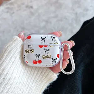 Cherry Bow Pattern TPU Soft Protective Case for Apple AirPods 4/3/2/1/Pro/Pro2 Transparent Earphone Cover with Keychain Attachment
