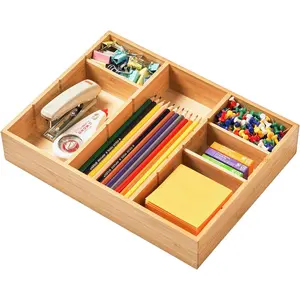 Bamboo Desk Drawer Organizer, Wood Junk Organizer Tray with Adjustable Dividers, Anti-Skip Storage Organization for Office Bathroom Vanity Drawer, Suitable for Makeup, 12" x 9"