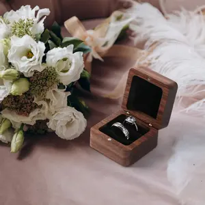 Wooden Ring Box for Wedding Ceremony 2 Slots, Rustic Ring Holder for Proposal, Engagement, Anniversary, Flora Engraved Jewelry Gift Box - Small Square