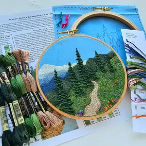 DIY Landscape hand embroidery kit "Happy Trails", intermediate mountain embroidery project with online video tutorial