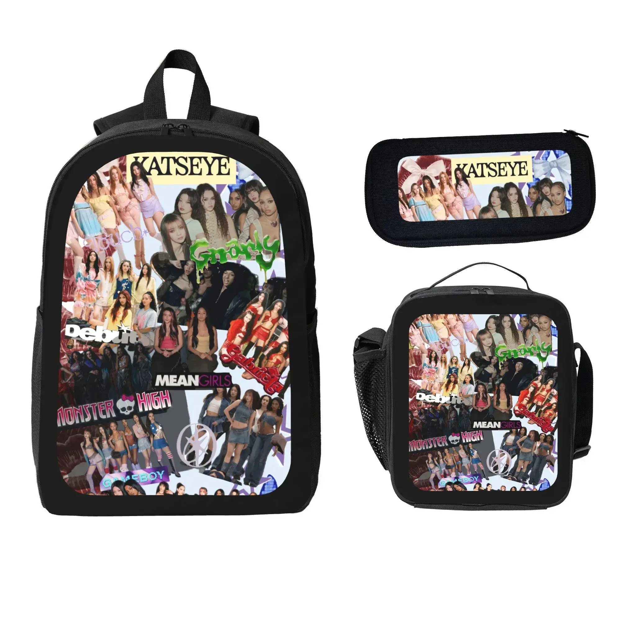 Y2K Girl Collage Backpack Set 3 Pieces, Trend Aesthetic Collage Print Bookbag with Insulated Lunch Bag Pencil Case, Preppy Indie Y2K Back to School Backpack for Teen Girls Tweens