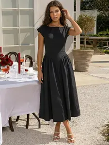 Women's Cap Sleeve Boat Neck Midi Dress, Ruched Waist Flared A-Line Chic Design, Perfect for Brunch & Weddings, Available in Multiple Colors