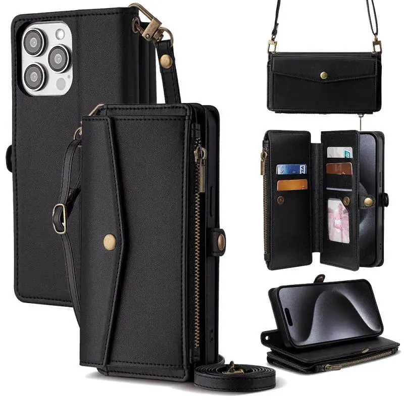 PU Leather Crossbody Wallet Phone Case Accessories - Flip Purse with 5 Card Slots, Zipper Pocket, Adjustable Shoulder & Wrist Straps, Kickstand, Magnetic Closure, Multi-Functional Protective Cover for iPhone 17 16 16Plus 15 14 13 12 Pro Max Air