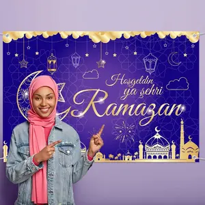 1PC 2D Flat Polyester Ramadan Decor Background Cloth Banners - Islamic Themed Reusable Hanging Flag, Eid al-Fitr Party Photo Backdrop, Home Wall Decoration with Mosque, Moon and Star Elements