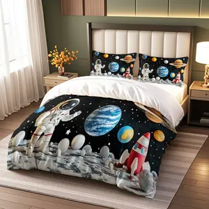 Space Astronaut Print Bedding Set (1 Fitted Sheet + 2 Pillowcases), Sci-Fi Fun Style, Kids Bedroom Decor, Soft and Comfortable
