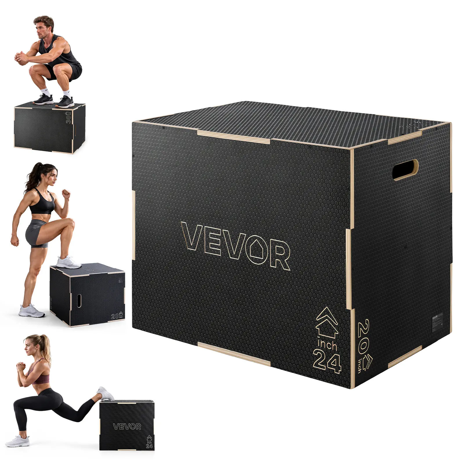 VEVOR 3-in-1 Wooden Plyo Box, 20/24/30-Inch, Non-Slip Plyometric Jump Boxes, for Home Gym, Step-Up Training Exercise Platform with Smooth Edges, Built-In Handles, Pre-Drilled Holes & Stable Support
