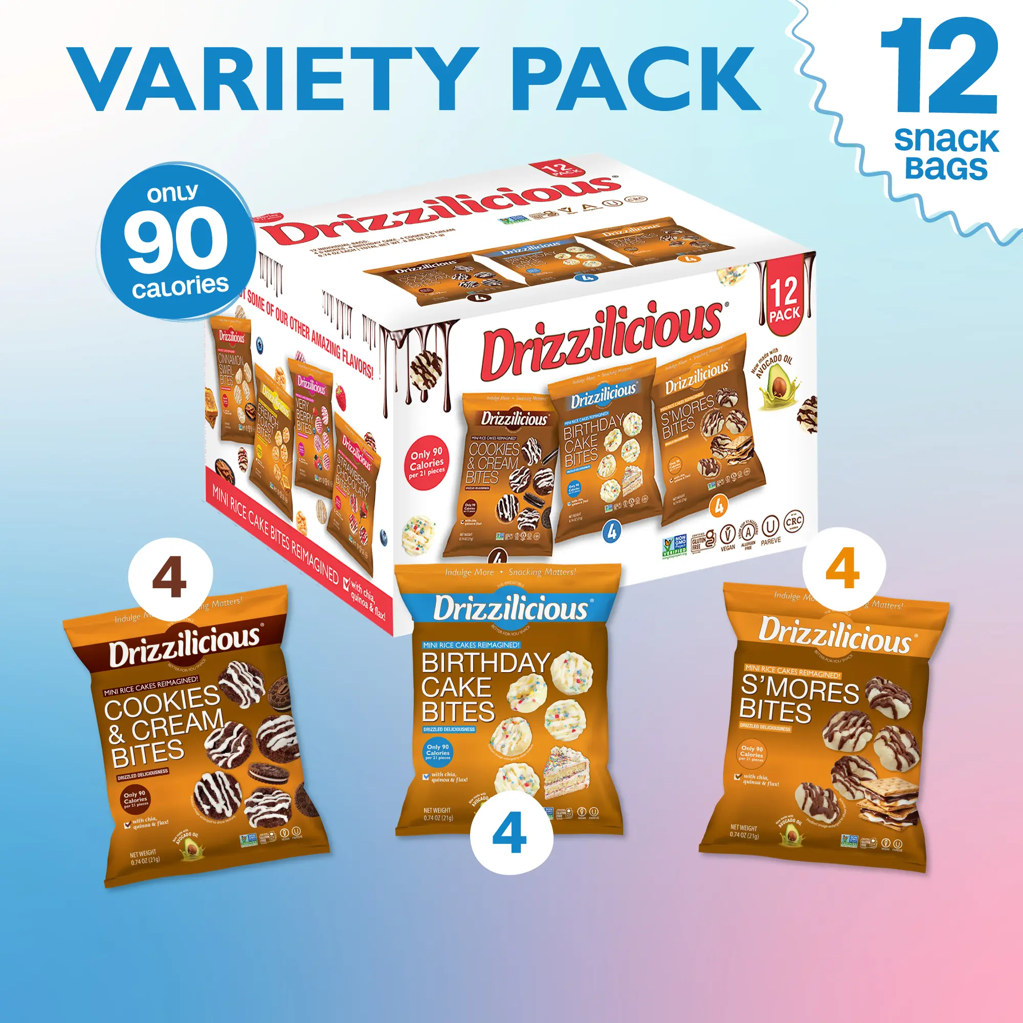 12 Pack - Drizzilicious Mini Rice Cakes Variety Pack [Cookies & Cream, Birthday Cake, S'mores] 0.74 oz Snack Packs Dessert