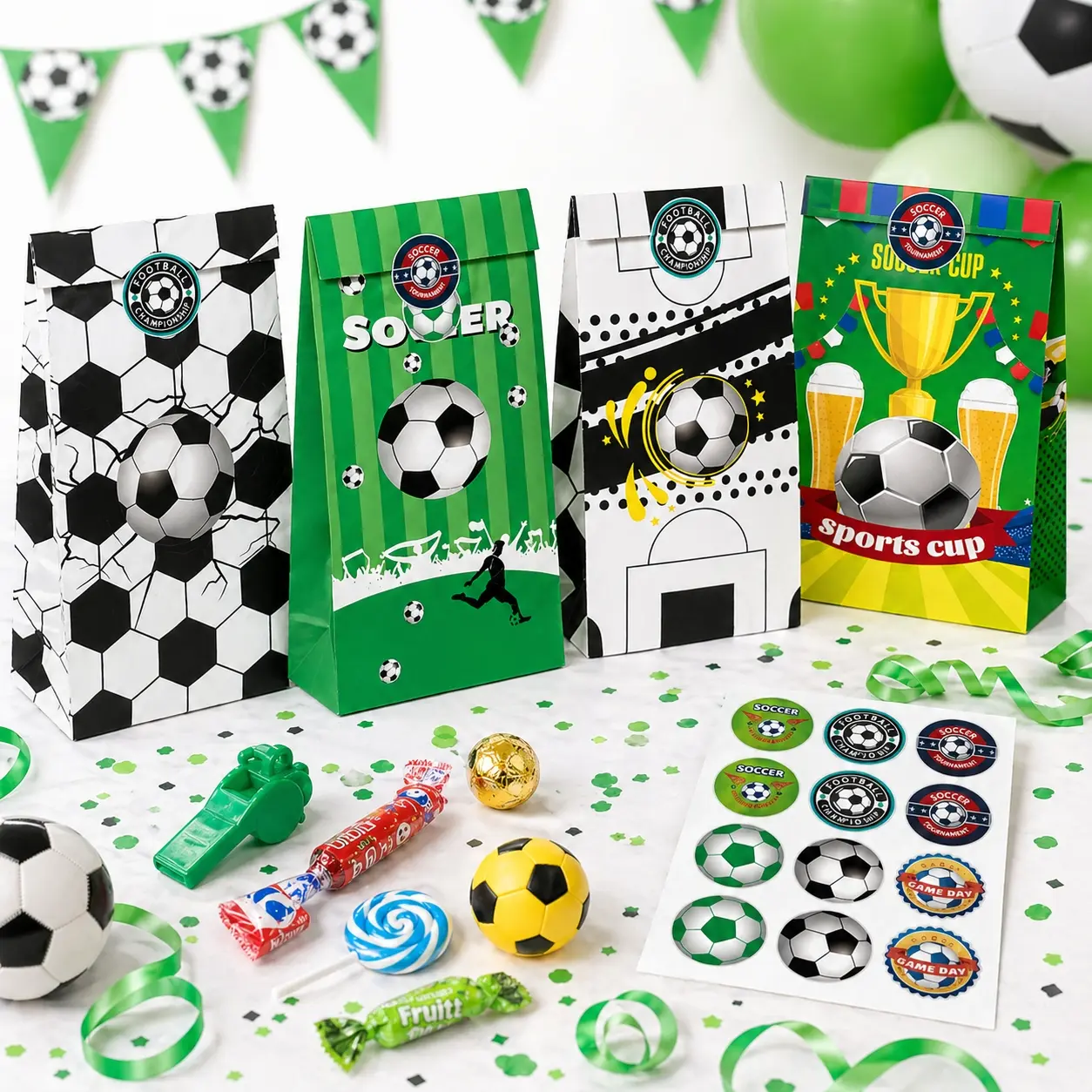 12pcs Soccer Party Favor Bags with Stickers – Football Cup Party Supplies, Kids Sports Gifts, Playdate & Birthday Goodie Bags, Team Celebration Treats