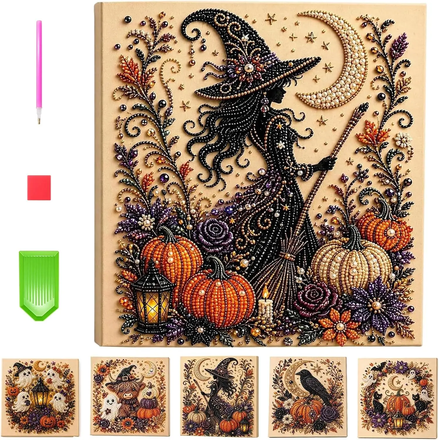 Halloween Art Kit for Beginners, DIY Halloween Witch on Moon Bead Painting, Sparkling Pearl-Style Craft Set for Fall Wall Decor, Halloween Decor, Art Kits, Colorful, Beadsafts for Adults Fall Home Wall Decor Seasonal Party Gift (Witch)