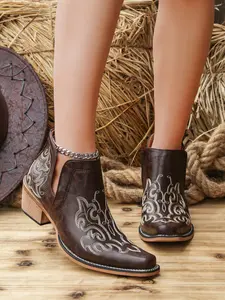 2026 New Retro Western Cowboy Short Boots, Women's Embroidered Pointed Toe Wedge Boots, Versatile Chelsea Boots for All Seasons
