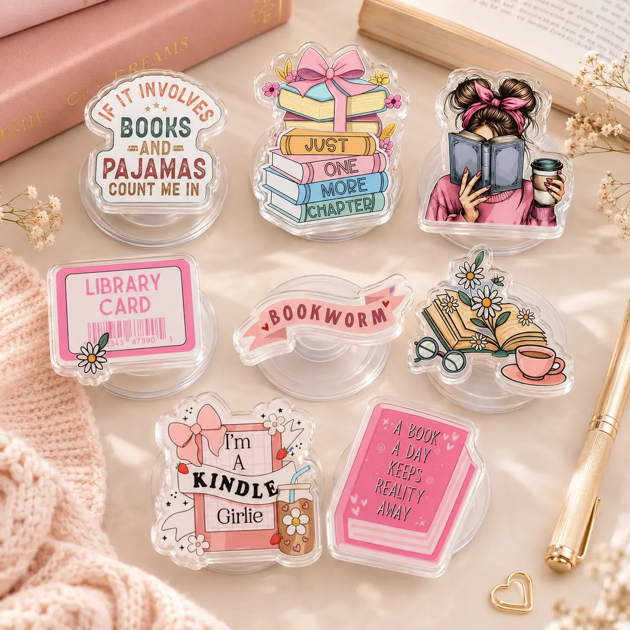 Alternative Style Pink Bookish Quotes and Reader Vibe Acrylic Phone Grip Set - Aesthetic Book Lover Griptok
