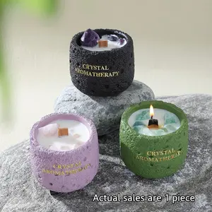 Natural Crystal Scented Candle Holder, Style Volcanic Texture Concrete Cup, Round Decorative Cup for Holidays and Meditation, Perfect Gift