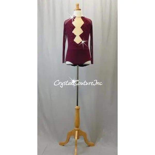Burgundy Mesh Leotard with Long Sleeves and Appliques - Swarovski Rhinestones