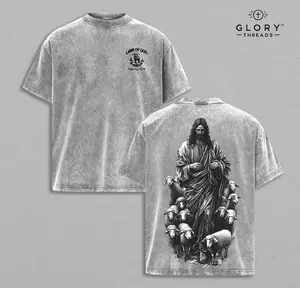 "Jesus with the Lamb" Lamb of God T-Shirt Washed Good Shepherd Religious Art Bible Verse Faith Based Clothing Jesus and Sheep Church Outfit Gym Pump Cover V2