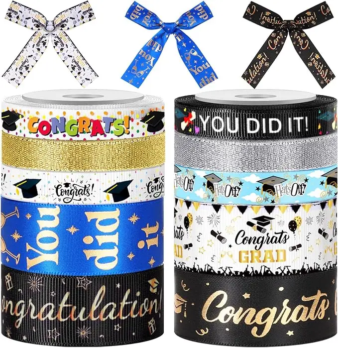 10 Rolls 50 Yards Graduation Grosgrain Ribbons 3/8 and 1 Inch Class of Ribbons Bronzing Congrats Grad Ribbon Metallic Glitter Wrapping Ribbon for Graduation Classroom Party Supplies DIY Crafts