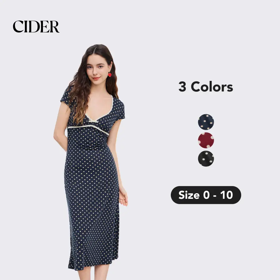 Cider Knit V-neck Spot Bowknot Midi Dress, Women's Polka Dot Print Summer Dress, Cute Dress for Casualoutfits SohoChic